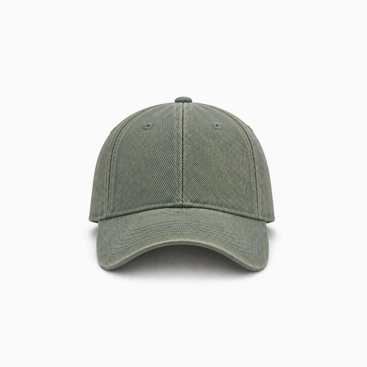 A classic six-panel cotton cap in a washed, faded sage green, shown from a front view angle on a plain background.