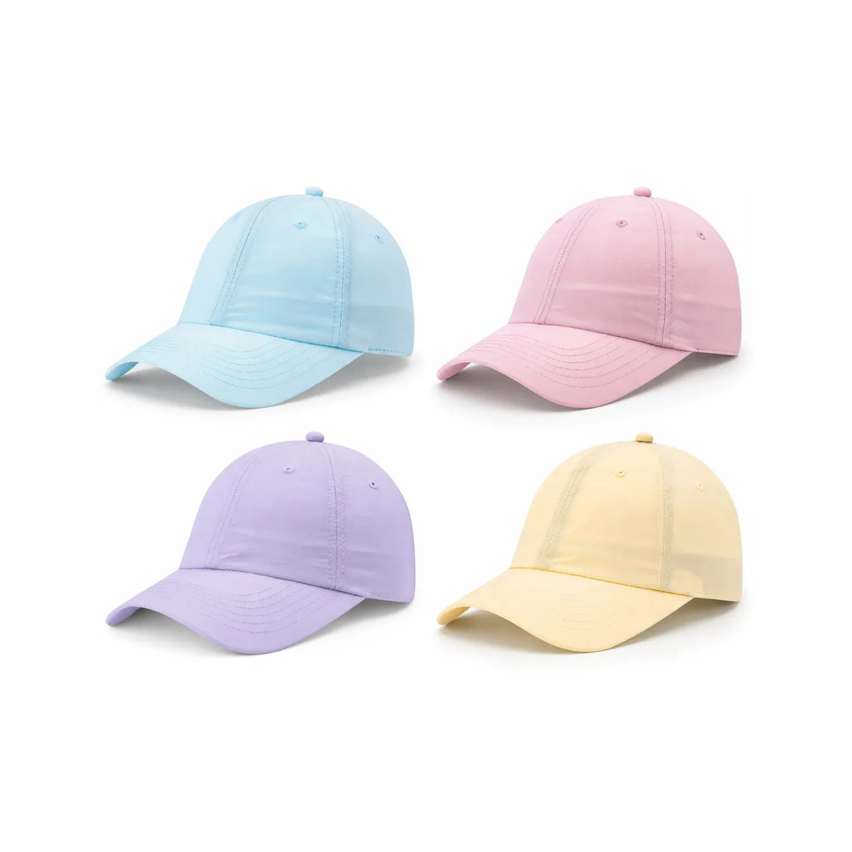 Four waterproof lightweight nylon caps arranged in a 2x2 grid on a white background, shown in pastel soft blue, soft pink, lavender, and light butter yellow.