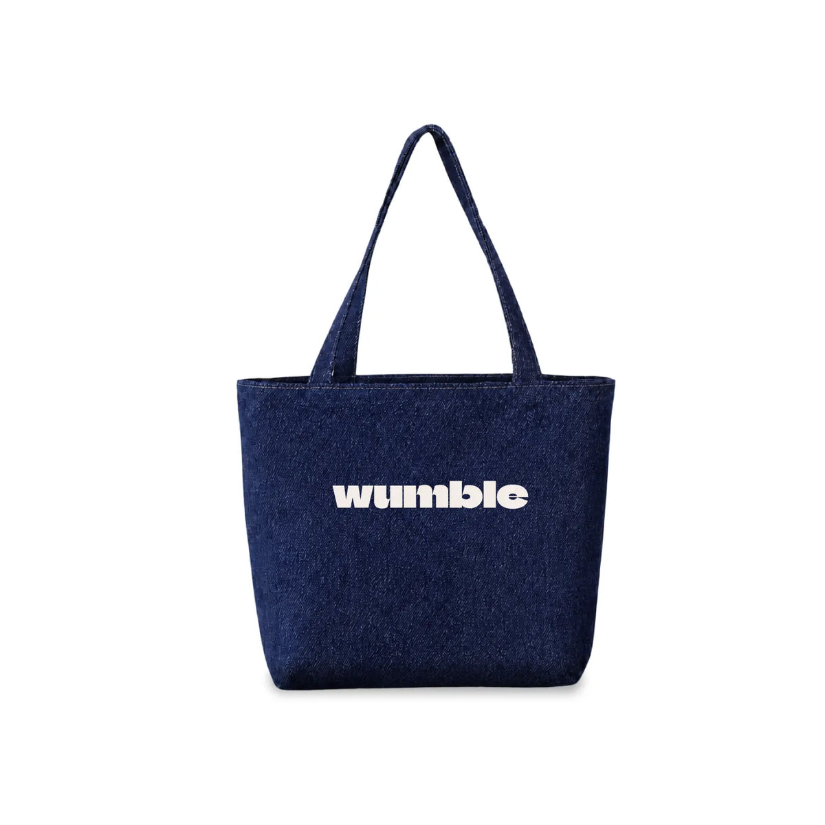 A dark blue denim tote bag with customised logo 'Wumble' printed in white across the front, set against a plain white background.