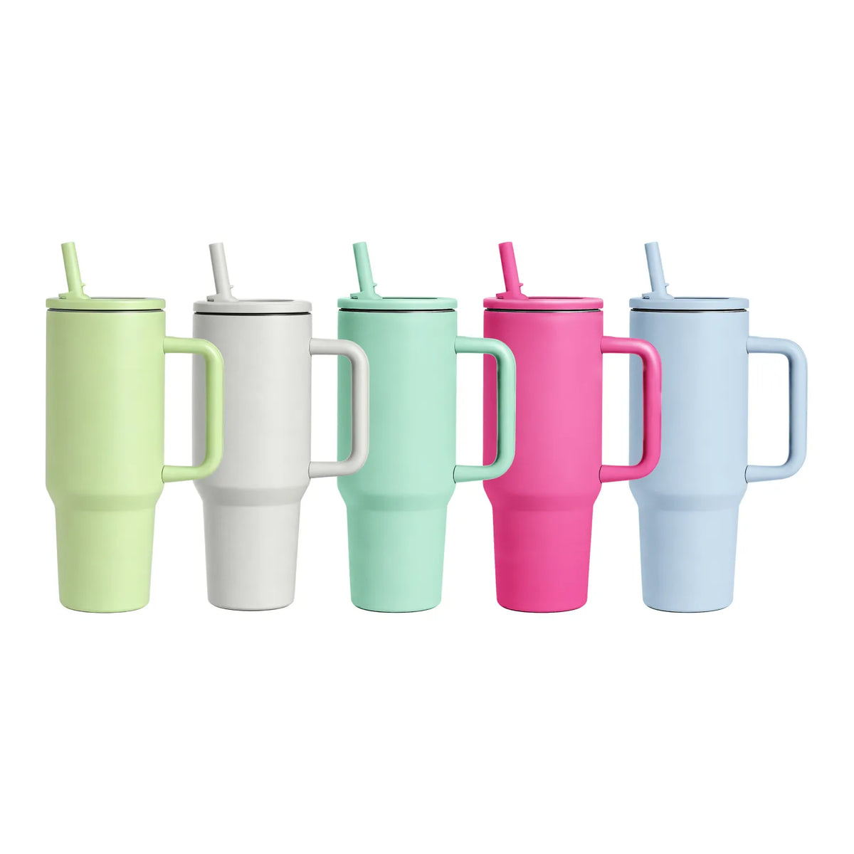 Five handled insulated tumblers with straws in pastel shades of pistachio green, white, mint green, hot pink, and soft blue, arranged in a row on a white background.
