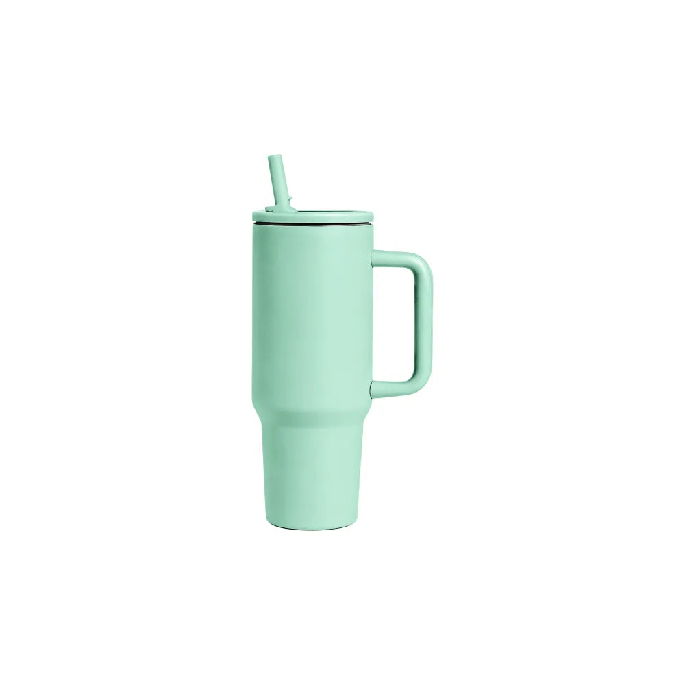 Custom branded 1L stainless steel tumbler with handle and straw lid in mint green, employee welcome kit merch by Wumble Australia
