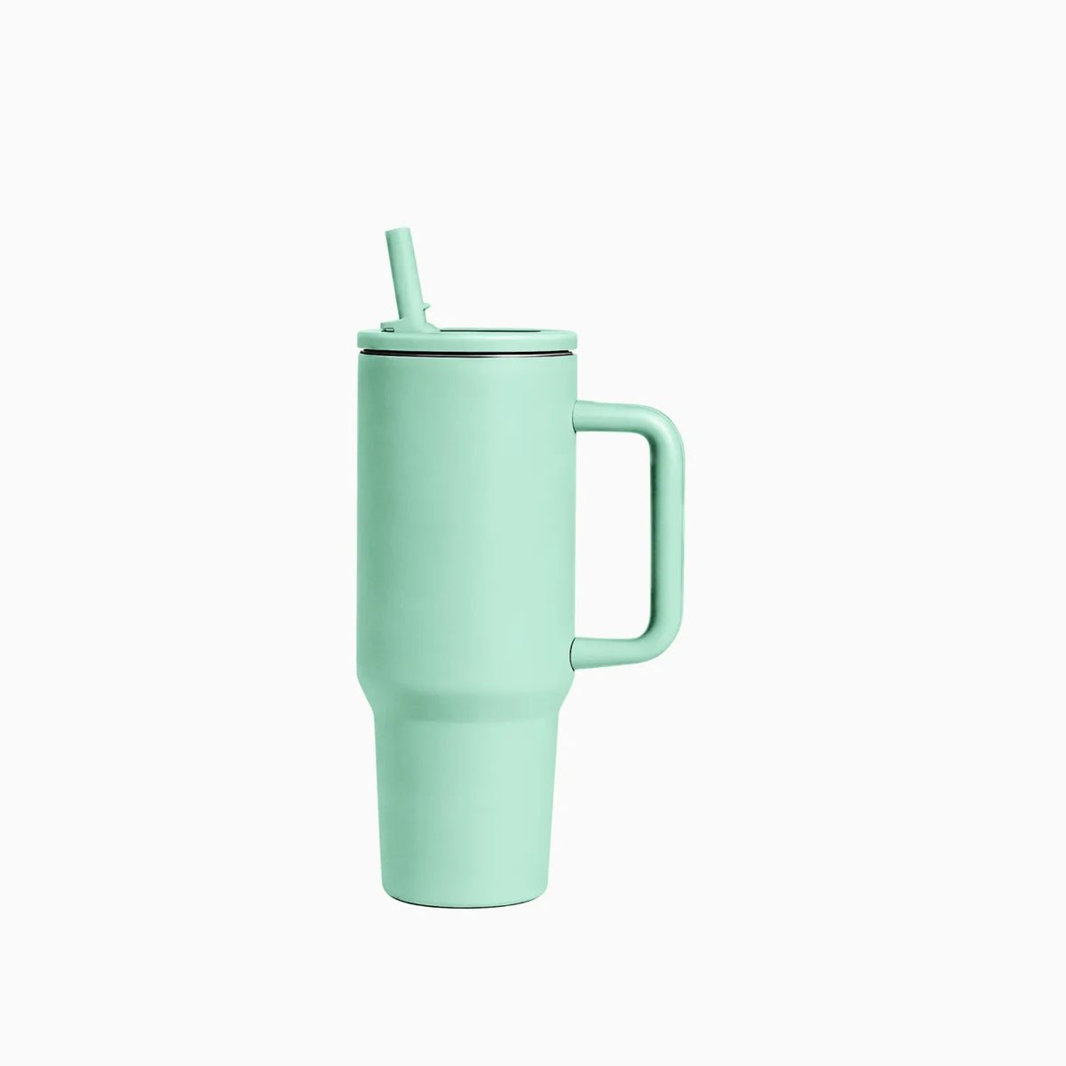 Custom branded 1L stainless steel tumbler with handle and straw lid in mint green, employee welcome kit merch by Wumble Australia
