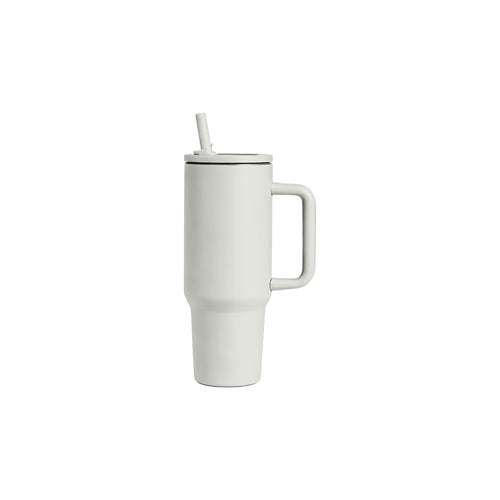 Custom branded 1L stainless steel tumbler with handle and straw lid in off white, employee welcome kit merch by Wumble Australia