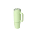 Custom branded 1L stainless steel tumbler with handle and straw lid in pale pistachio, employee welcome kit merch by Wumble Australia