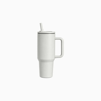 White 1 litre stainless steel tumbler with handle and straw for custom branded team gifts by Wumble Merch Australia