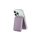 PU leather MagSafe wallet stand folded into phone stand mode on iPhone, branded corporate tech accessory Australia by Wumble Merch