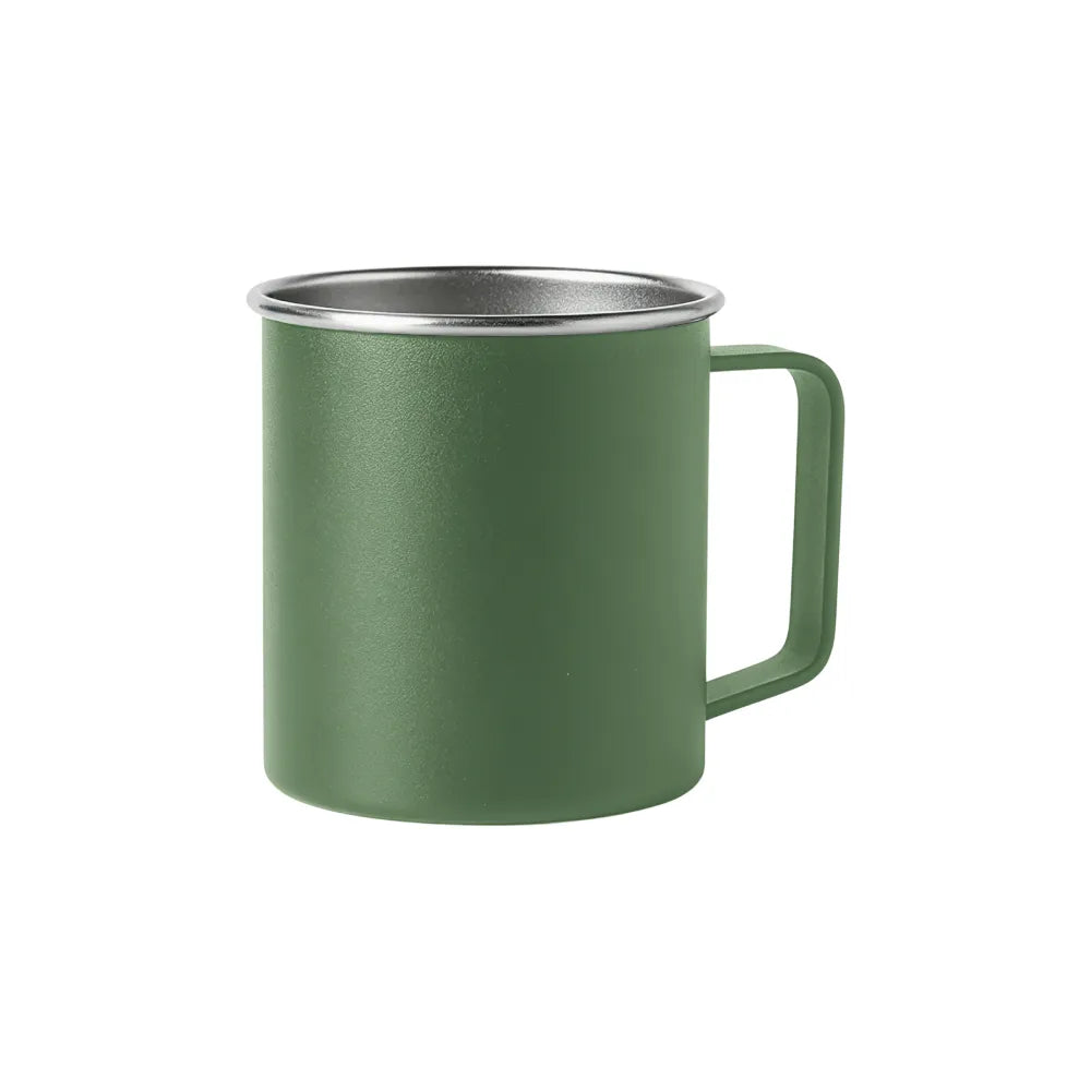 Custom branded 350ml stainless steel camp mug in white with handle, bulk corporate drinkware Australia by Wumble