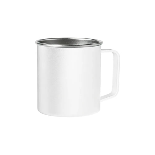 Custom branded 350ml stainless steel camp mug in white with handle, bulk corporate drinkware Australia by Wumble