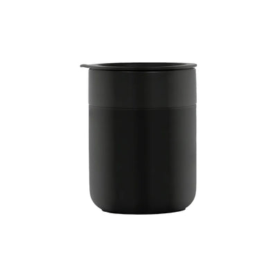 Custom branded 360ml ceramic coffee cup with silicone lid in black, bulk corporate drinkware Australia by Wumble