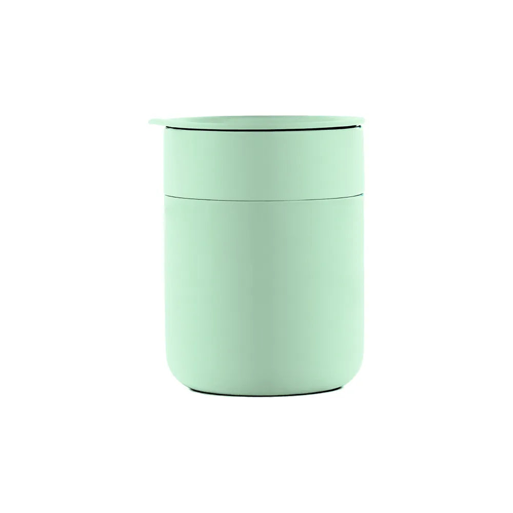 Custom branded 360ml ceramic coffee cup with silicone lid in moss green, bulk corporate drinkware Australia by Wumble