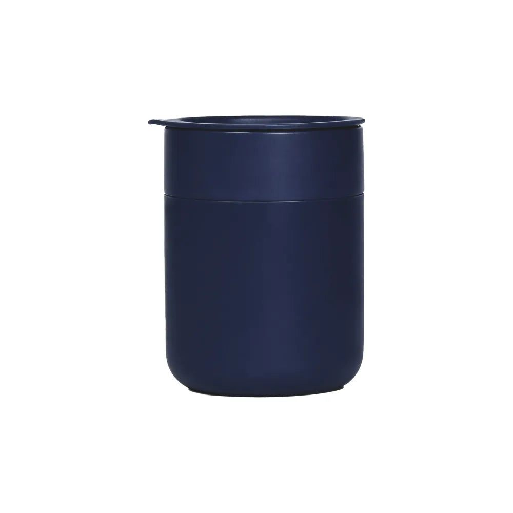 Custom branded 360ml ceramic coffee cup with silicone lid in navy blue, bulk corporate drinkware Australia by Wumble