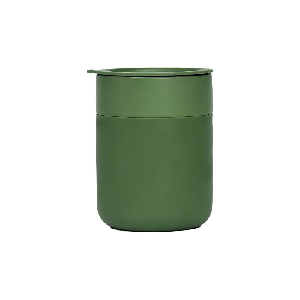 Custom branded 360ml ceramic coffee cup with silicone lid in moss green, bulk corporate drinkware Australia by Wumble