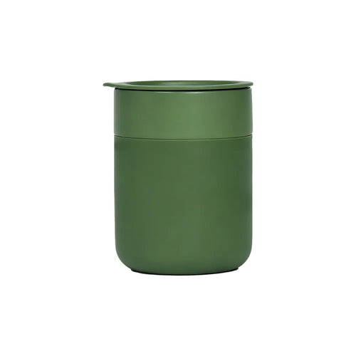 Custom branded 360ml ceramic coffee cup with silicone lid in moss green, bulk corporate drinkware Australia by Wumble