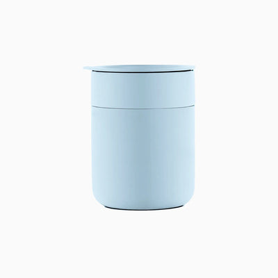 Custom branded 360ml ceramic coffee cup with silicone lid in soft blue, bulk corporate drinkware Australia by Wumble