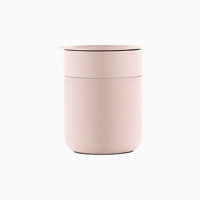 Custom branded 360ml ceramic coffee cup with silicone lid in soft pink, bulk corporate drinkware Australia by Wumble