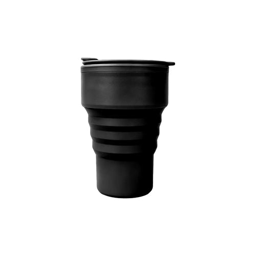 Custom branded 375ml collapsible silicone cup in blue expanded with lid, sustainable bulk merch Australia by Wumble Merch