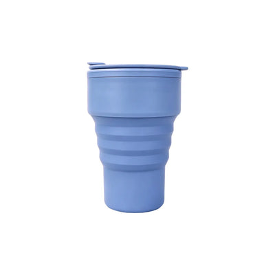 Custom branded 375ml collapsible silicone cup in blue expanded with lid, sustainable bulk merch Australia by Wumble Merch