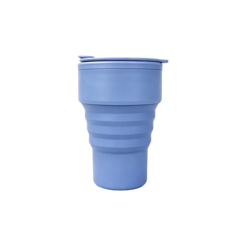 Custom branded 375ml collapsible silicone cup in blue expanded with lid, sustainable bulk merch Australia by Wumble Merch