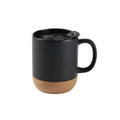 Black 400ml ceramic mug with cork base and lid for custom branded desk gifting by Wumble Merch Australia