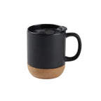 Black 400ml ceramic mug with cork base and lid for custom branded desk gifting by Wumble Merch Australia