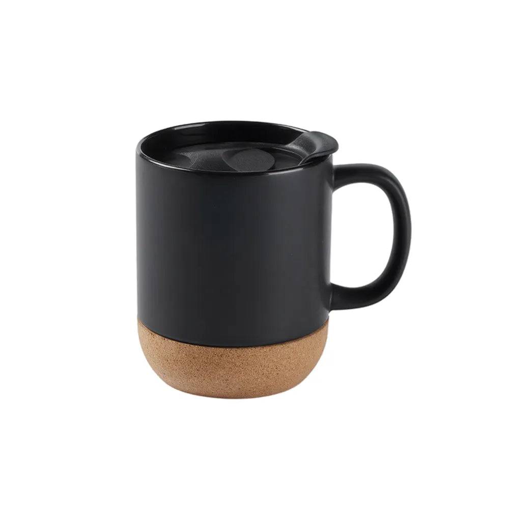 Black 400ml ceramic mug with cork base and lid for custom branded desk gifting by Wumble Merch Australia