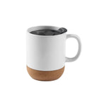 Custom branded 400ml cork base ceramic mug in white with PP lid, bulk corporate drinkware Australia by Wumble Merch