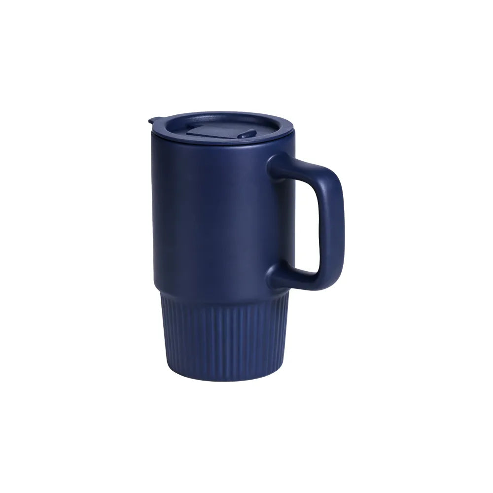 Custom branded 450ml ceramic travel mug with handle and flip lid in navy, bulk corporate drinkware Australia by Wumble