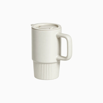 Off white 450ml ceramic mug with handle and lid for custom branded welcome kits by Wumble Merch Australia