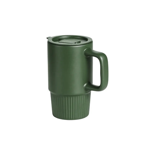 Custom branded 450ml ceramic travel mug with handle and flip lid in navy, bulk corporate drinkware Australia by Wumble