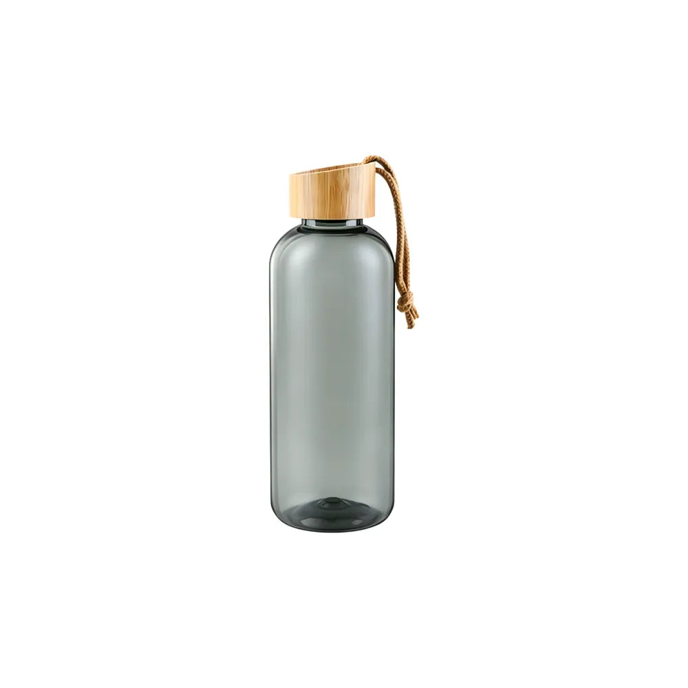 Custom branded 650ml RPET water bottle with bamboo lid and cord strap, sustainable bulk merch Australia by Wumble