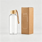 Custom branded 650ml RPET water bottle with bamboo lid and cord strap, sustainable bulk merch Australia by Wumble