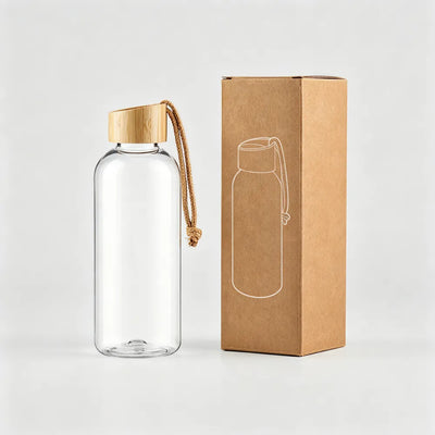 Custom branded 650ml RPET water bottle with bamboo lid and cord strap, sustainable bulk merch Australia by Wumble
