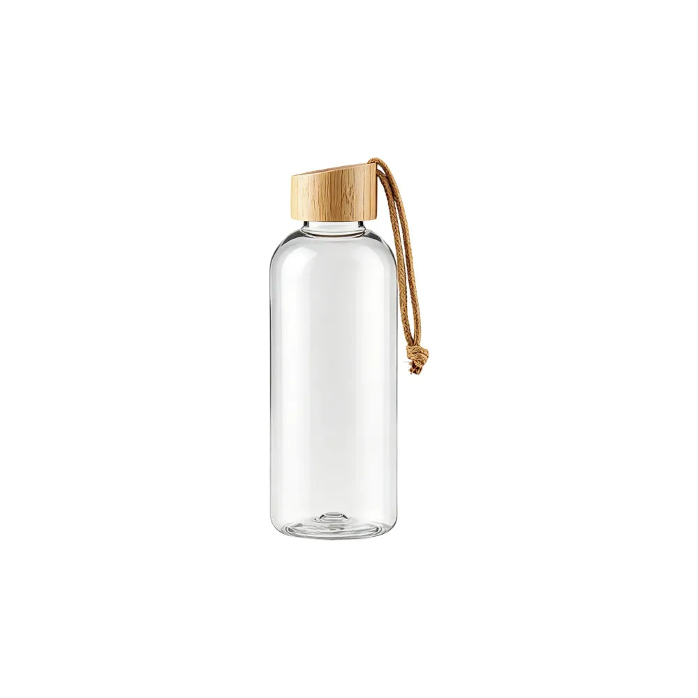 Custom branded 650ml RPET water bottle with bamboo lid and cord strap, sustainable bulk merch Australia by Wumble