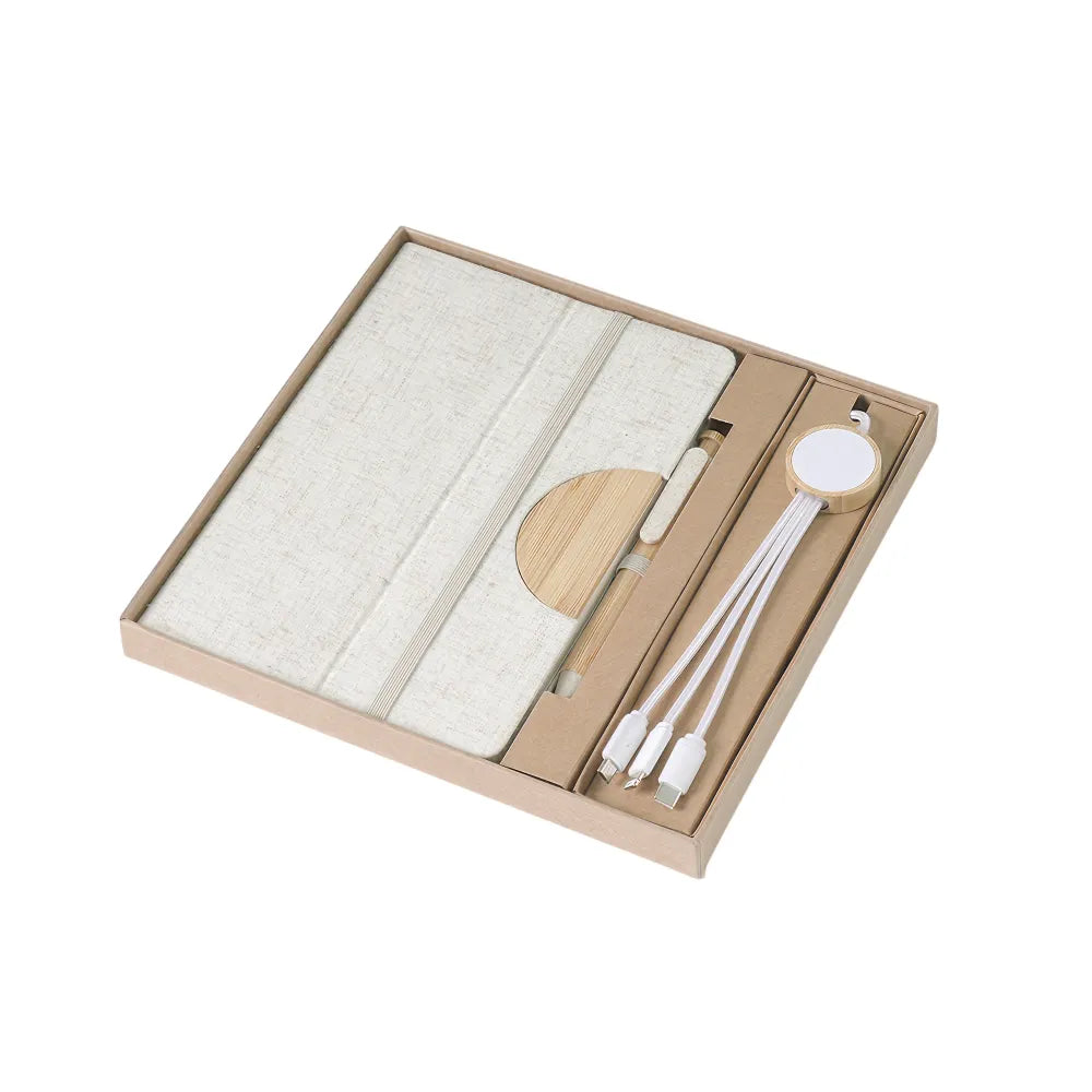A5 cotton linen notebook, bamboo pen and RPET bamboo 3-in-1 charging cable in kraft gift box with divider insert, viewed at three-quarter angle, natural colourway, no branding applied