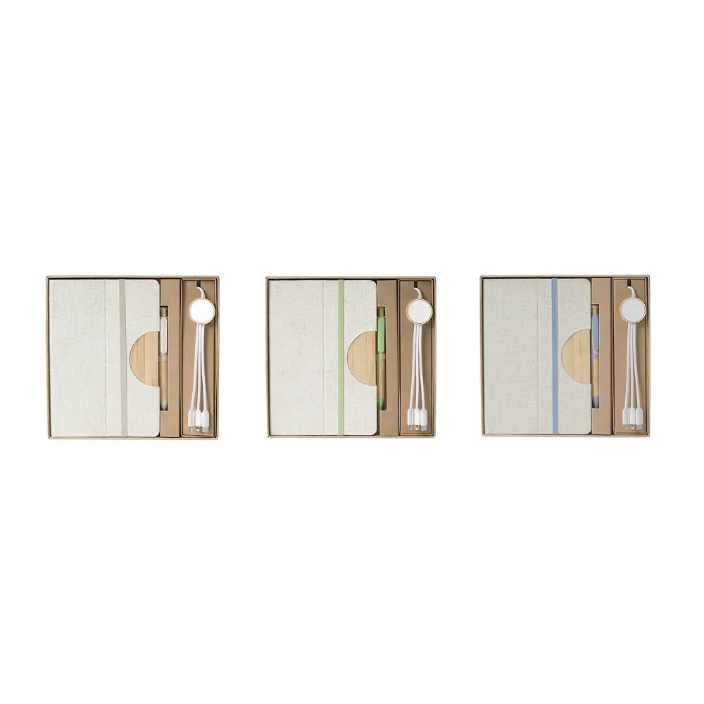 A5 bamboo notebook and 3-in-1 charging cable desk kit shown in three elastic and pen colour variants, natural, green and blue, in kraft gift boxes, viewed from above