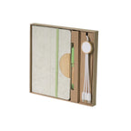 A5 bamboo notebook and 3-in-1 charging cable desk kit in kraft gift box, green elastic and pen colourway, viewed at three-quarter angle