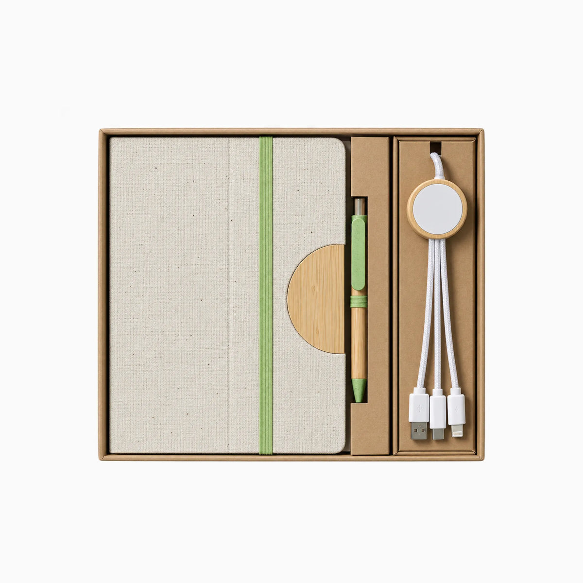 A5 bamboo notebook and 3-in-1 charging cable desk kit in kraft gift box, green elastic and pen colourway,