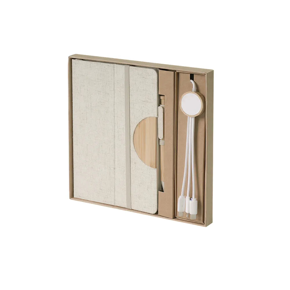 Off-white A5 cotton linen notebook, bamboo pen and 3-in-1 charging cable in kraft gift box for custom branded desk kits by Wumble Merch Australia