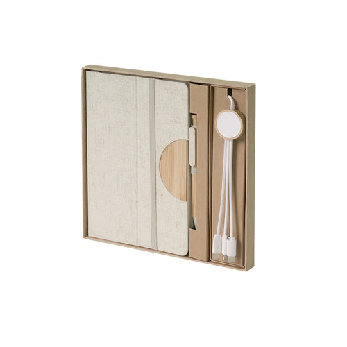 Off-white A5 cotton linen notebook, bamboo pen and 3-in-1 charging cable in kraft gift box for custom branded desk kits by Wumble Merch Australia