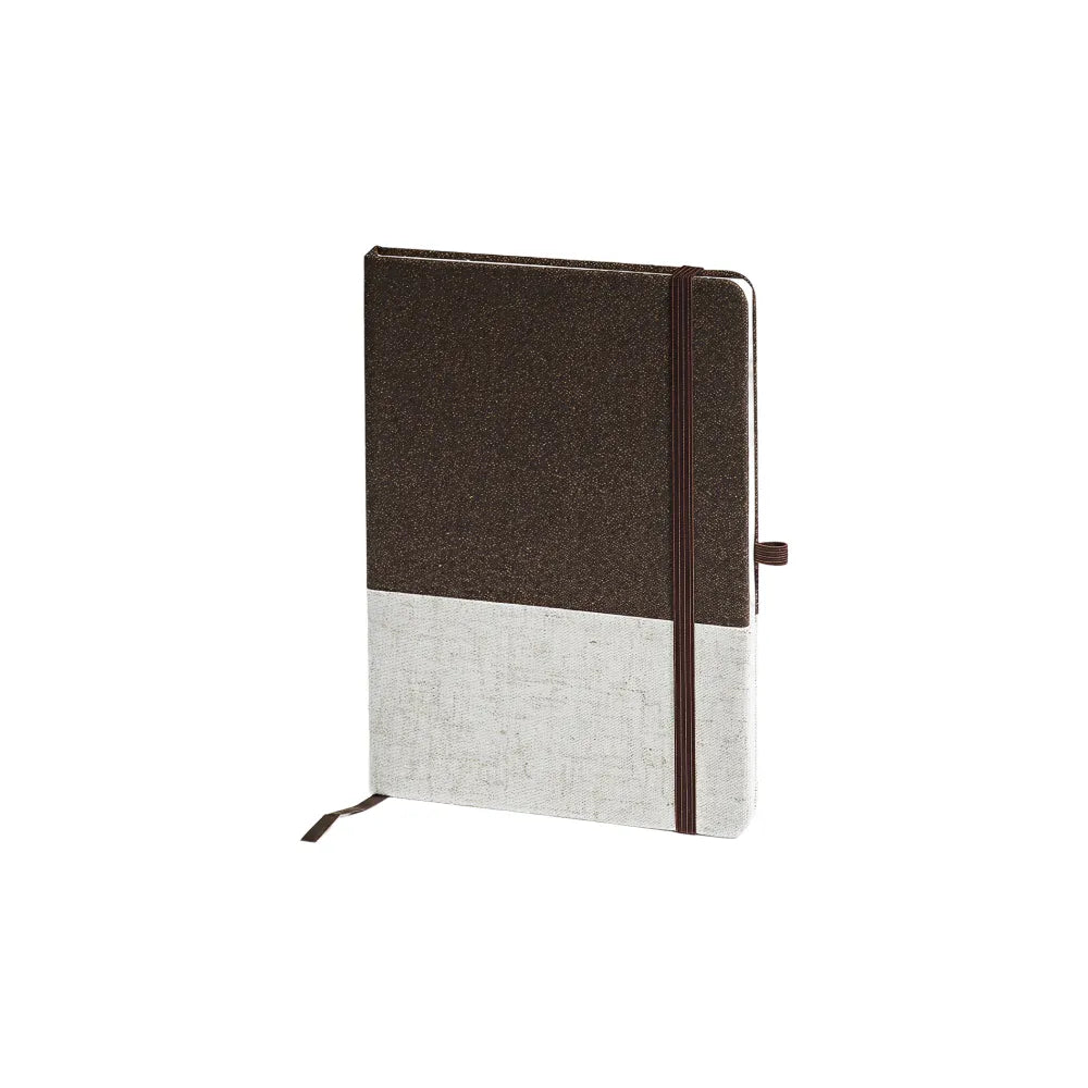 Custom branded A5 coffee grounds notebook with cotton linen cover and elastic closure, sustainable corporate notebook Australia by Wumble Merch
