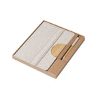 A5 cotton linen notebook and bamboo pen desk kit in kraft gift box viewed at three-quarter angle showing 20mm box depth and kraft board construction