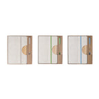 A5 cotton linen notebook and bamboo pen desk kit shown in three elastic band colour variants, natural, green and blue, in kraft gift boxes, viewed from above