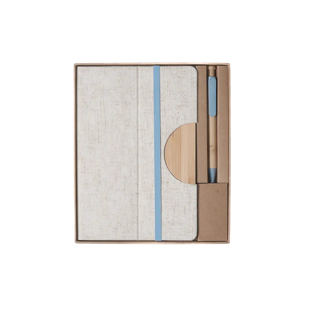 Off-white A5 cotton linen notebook and bamboo pen in kraft gift box for custom branded new starter kits by Wumble Merch Australia