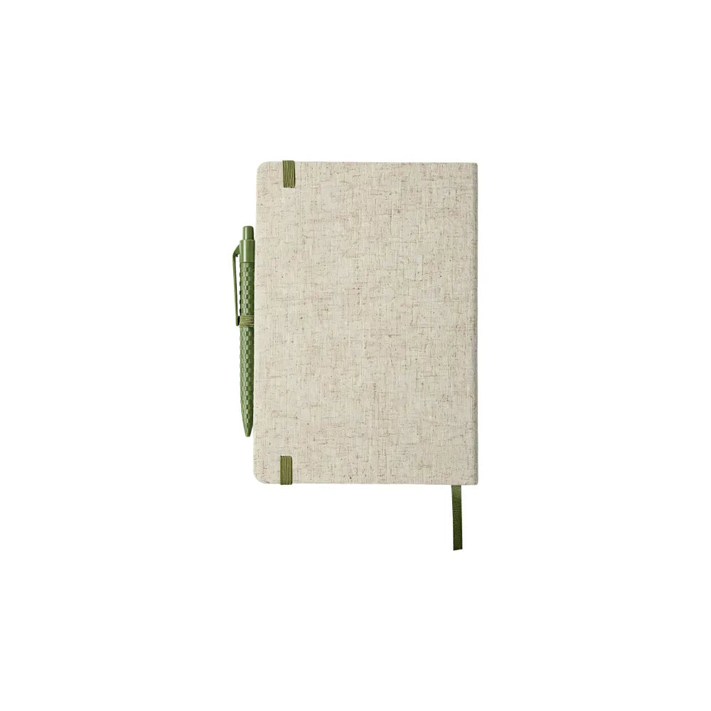 Custom branded A5 cotton linen notebook in khaki with colourful elastic band closure, sustainable bulk stationery Australia by Wumble Merch