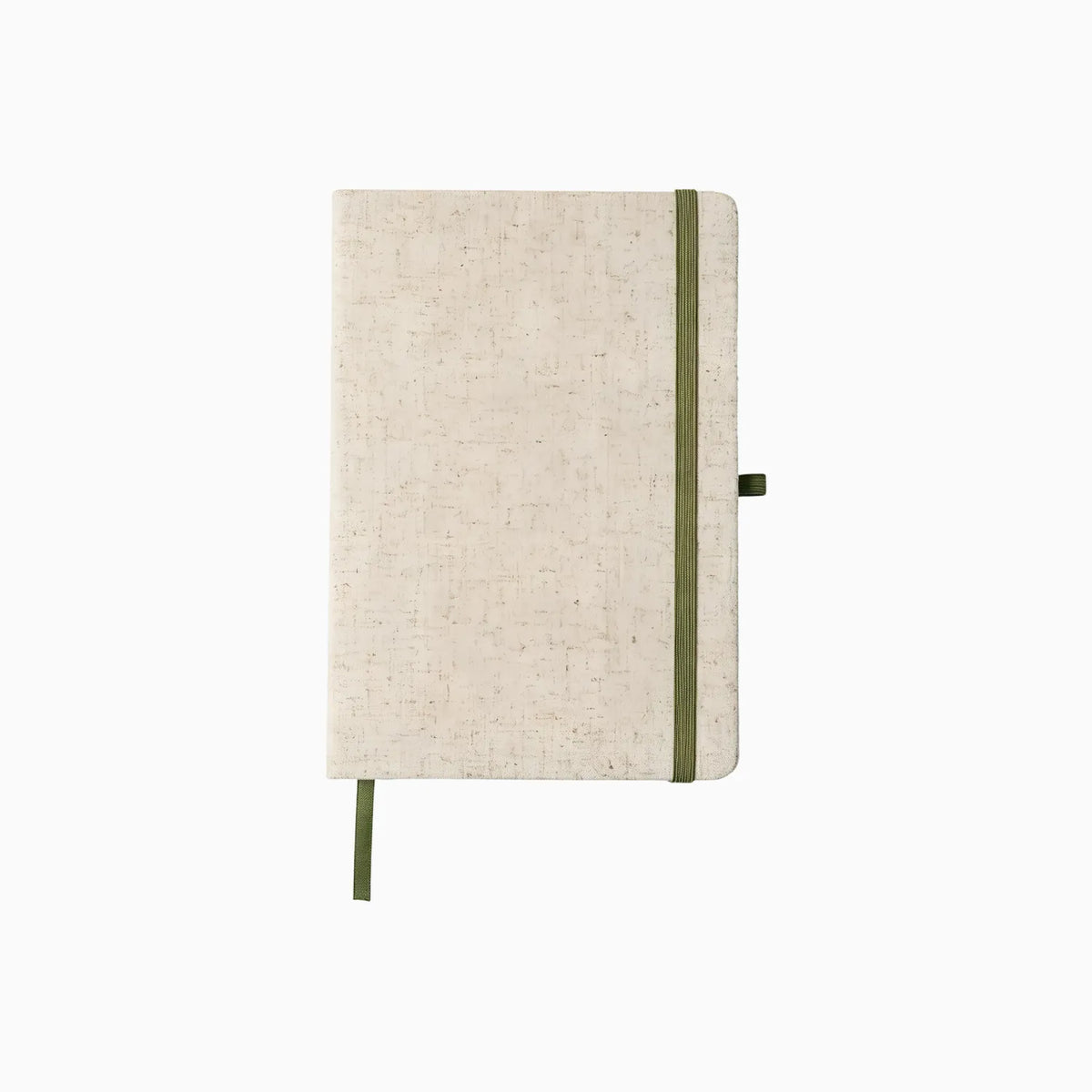 Custom branded A5 cotton linen notebook in khaki with colourful elastic band closure, sustainable bulk stationery Australia by Wumble Merch