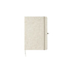 Custom branded A5 cotton linen notebook in khaki with colourful elastic band closure, sustainable bulk stationery Australia by Wumble Merch