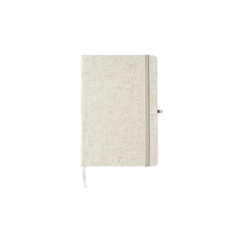 Custom branded A5 cotton linen notebook in khaki with colourful elastic band closure, sustainable bulk stationery Australia by Wumble Merch