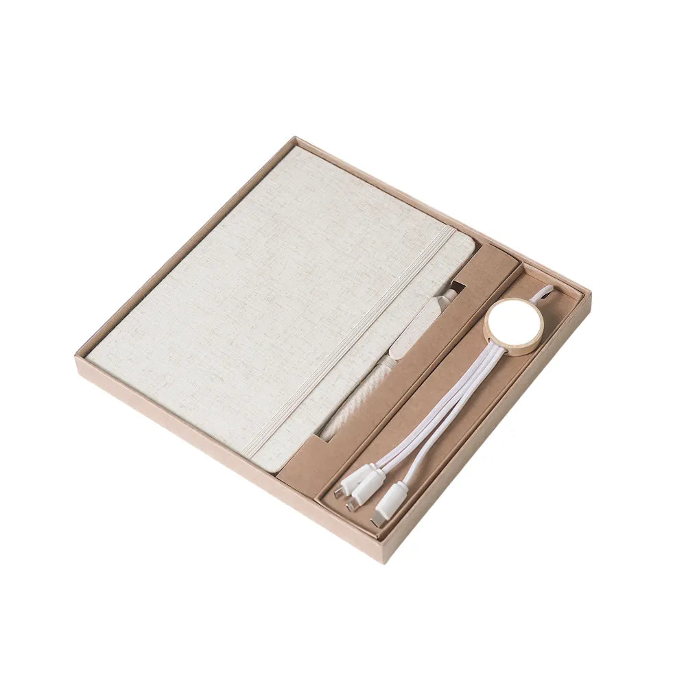 A5 cotton notebook and 3-in-1 cable desk set in kraft gift box, viewed at three-quarter angle showing box depth and divider insert