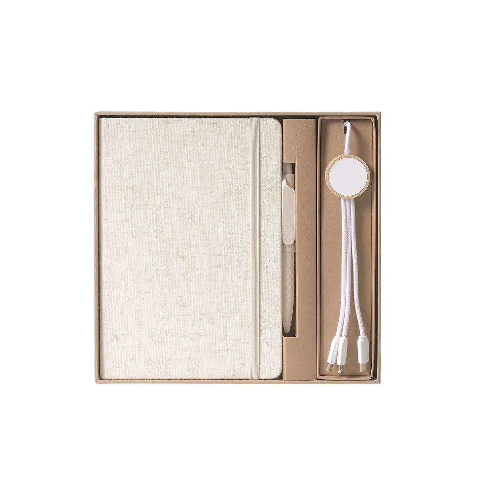 Beige A5 cotton notebook and 3-in-1 charging cable desk set by Wumble Merch Australia