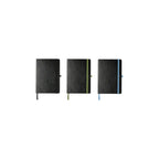 Three A5 notebooks side by side on a white background with black, green and blue elastic closure bands, showing the band colour options, no Wumble branding applied